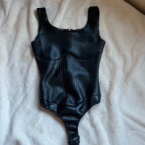 debossed racerneck leather bodysuit